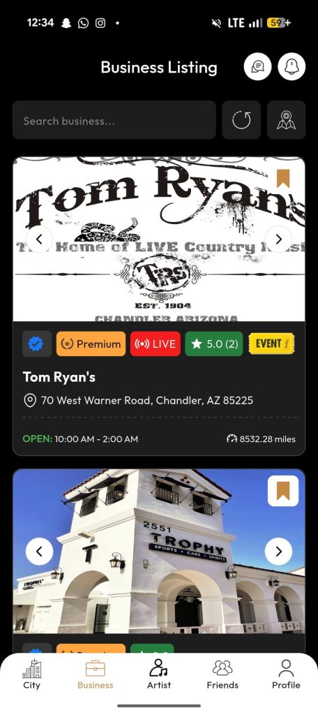 Tom Ryan's venue listing with red LIVE badge visible