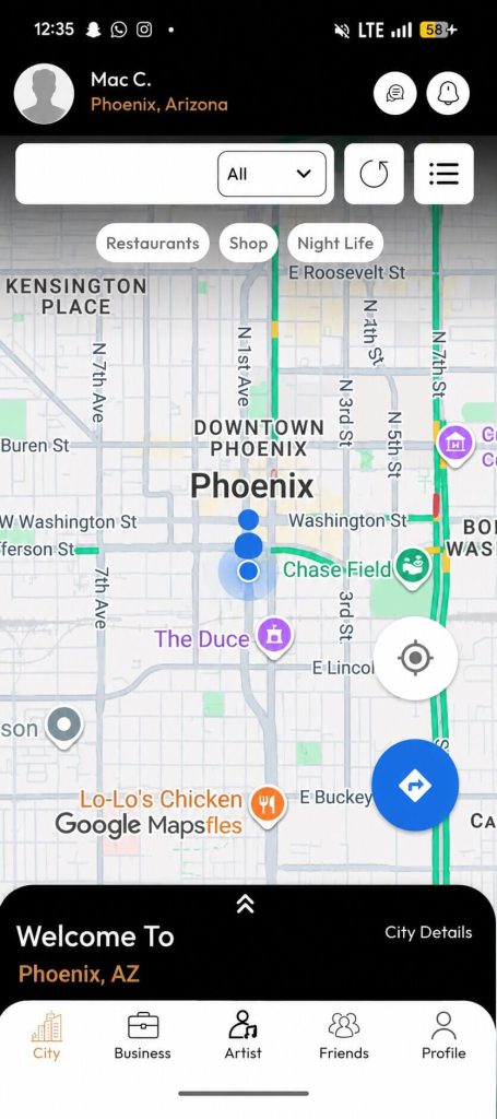 Glimsp app open, showing Phoenix, AZ location)