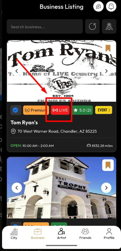 Tom Ryan's full business page showing hours and check-in button