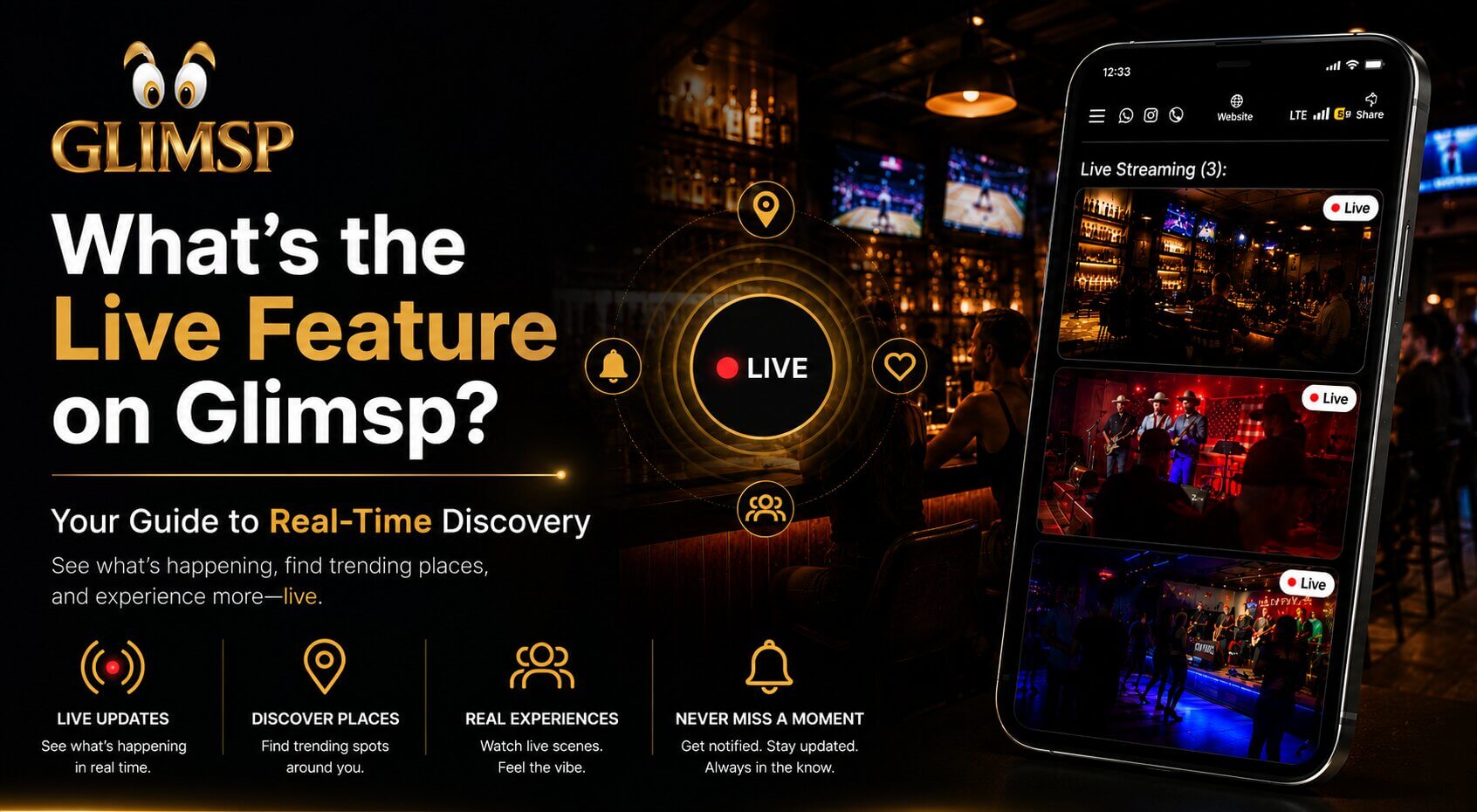 Live Feature on Glimsp explained, Real time places discovery app